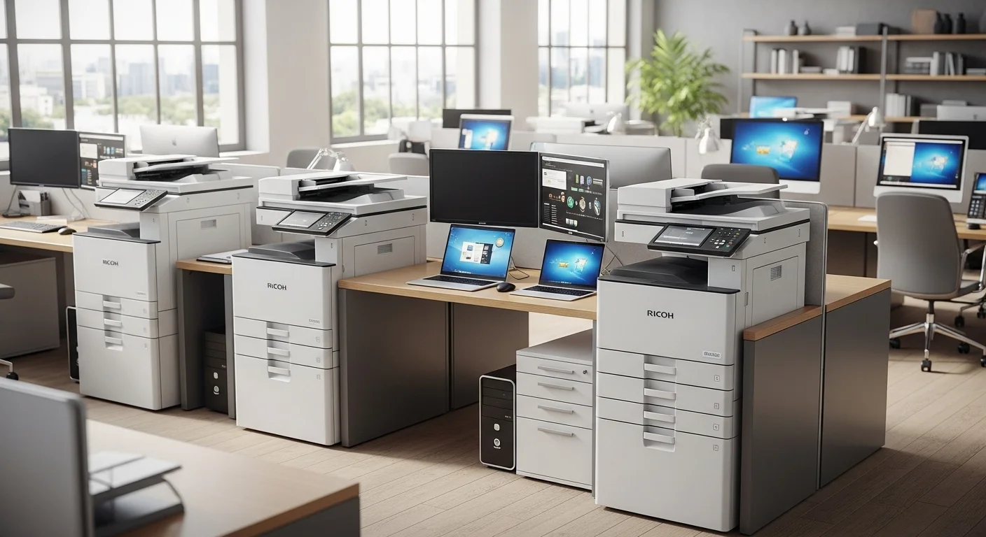 Varias impresoras Ricoh en un entorno de oficina moderno, conectadas en red con computadoras y laptops.