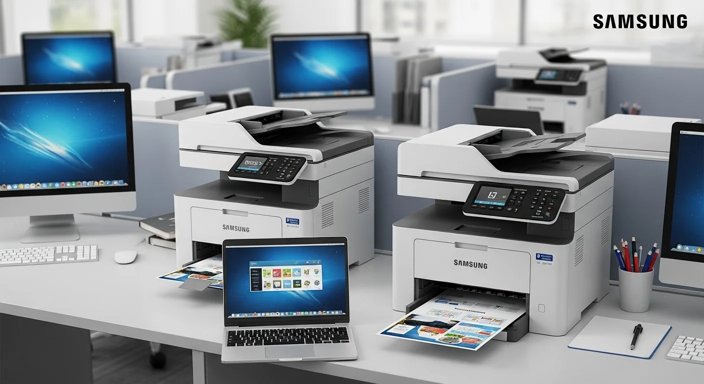 Varias impresoras Samsung en un entorno de oficina moderno conectadas a computadoras y laptops