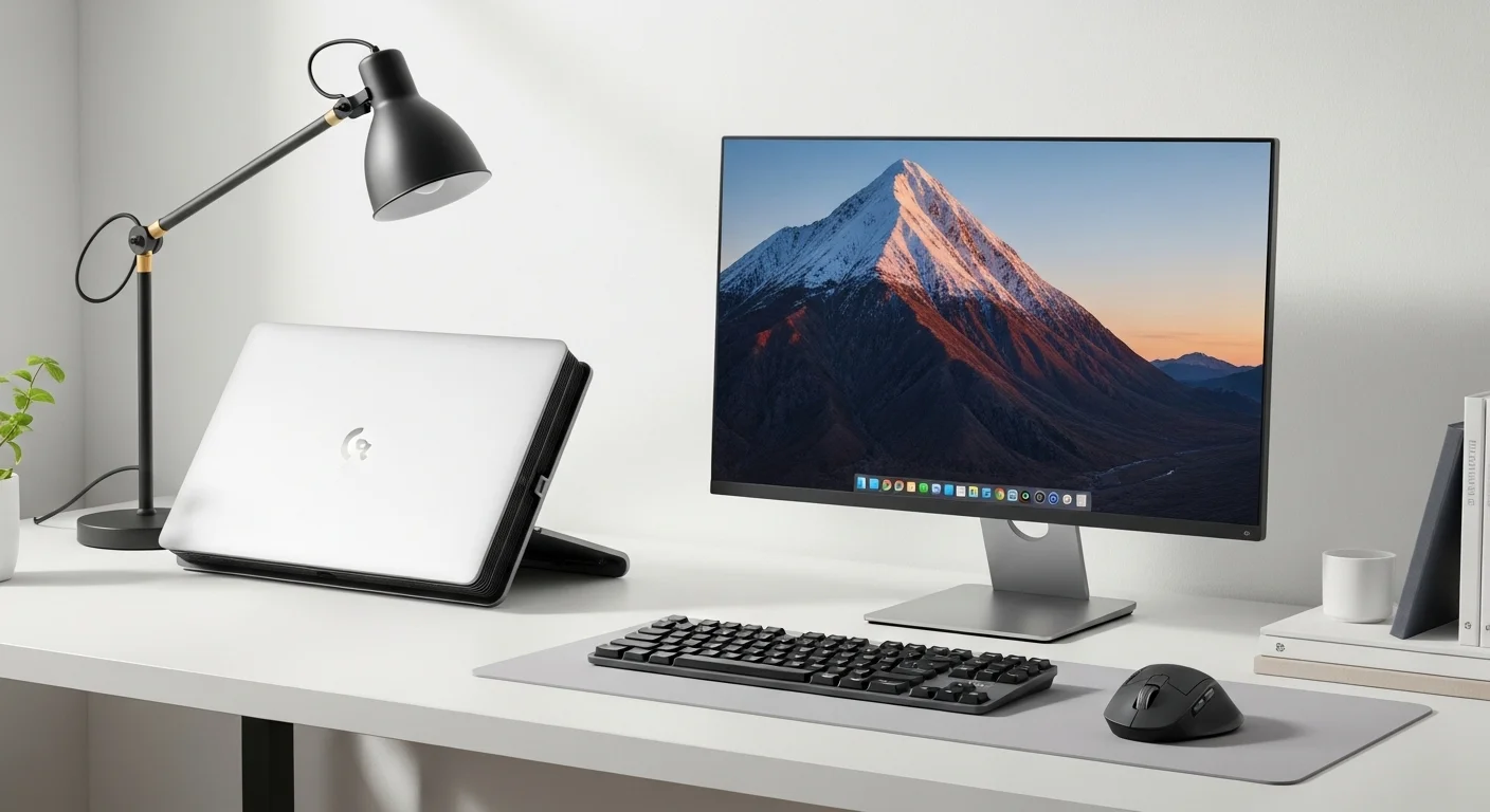 Escritorio moderno con computadoras y un set inalámbrico Logitech compuesto por un mouse MX Master y un teclado MX Keys, destacando un entorno de trabajo limpio.