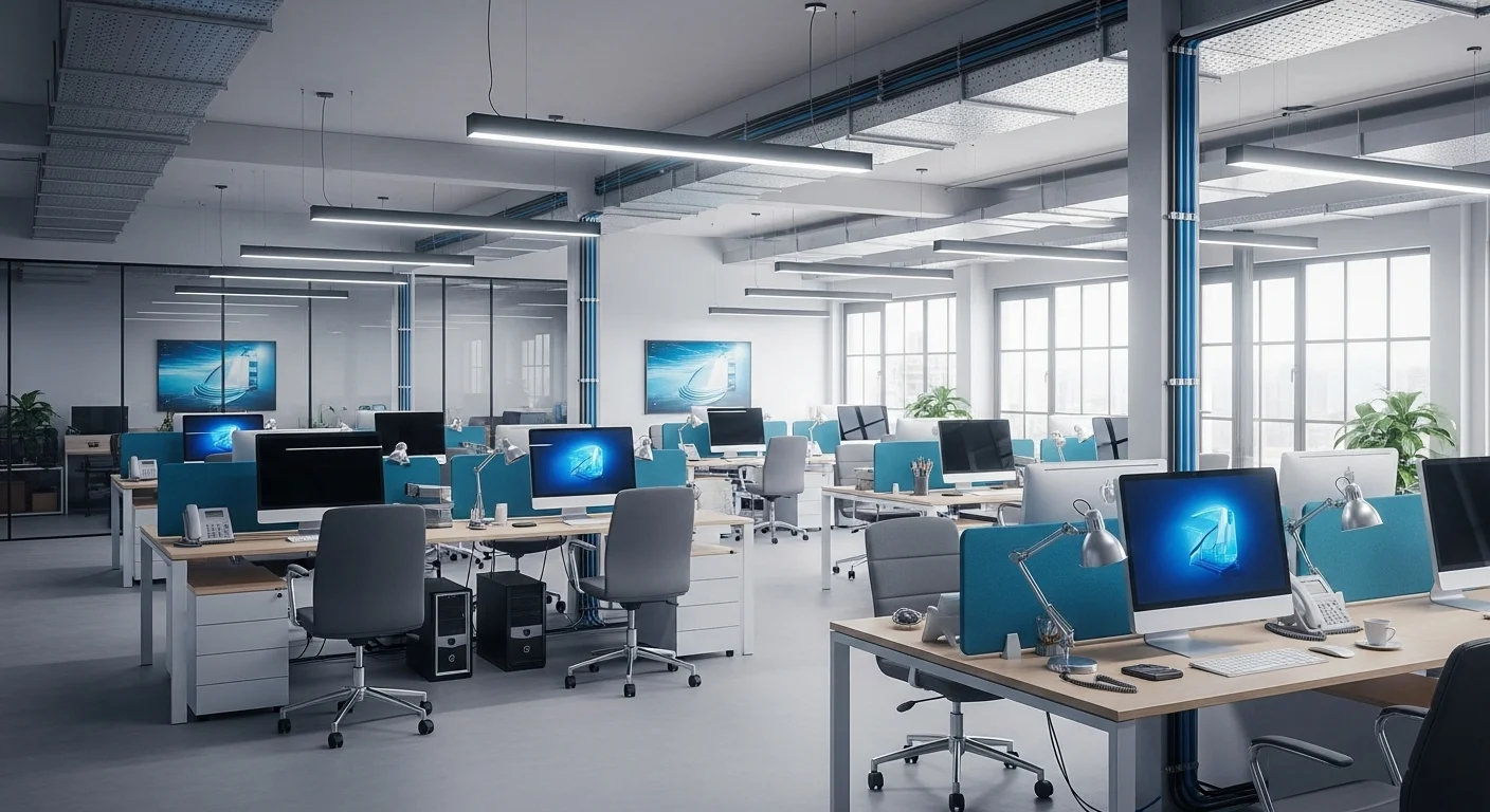 Una oficina moderna y bien iluminada con computadoras y estaciones de trabajo, ilustrando la importancia de una infraestructura eléctrica robusta y bien planificada.