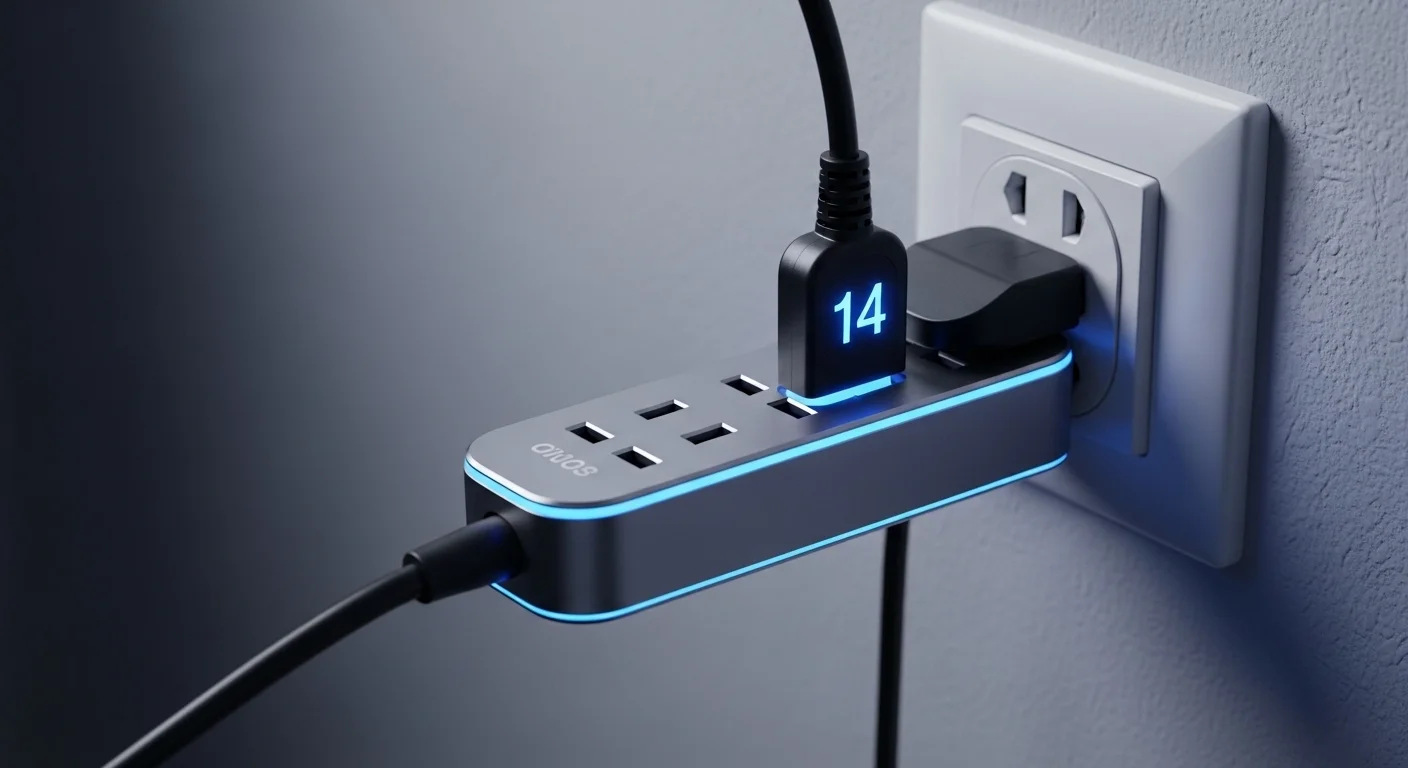 Regleta de enchufes de alta calidad conectada a la pared, simbolizando la importancia del cable numero 14 para las computadoras y la tecnología.