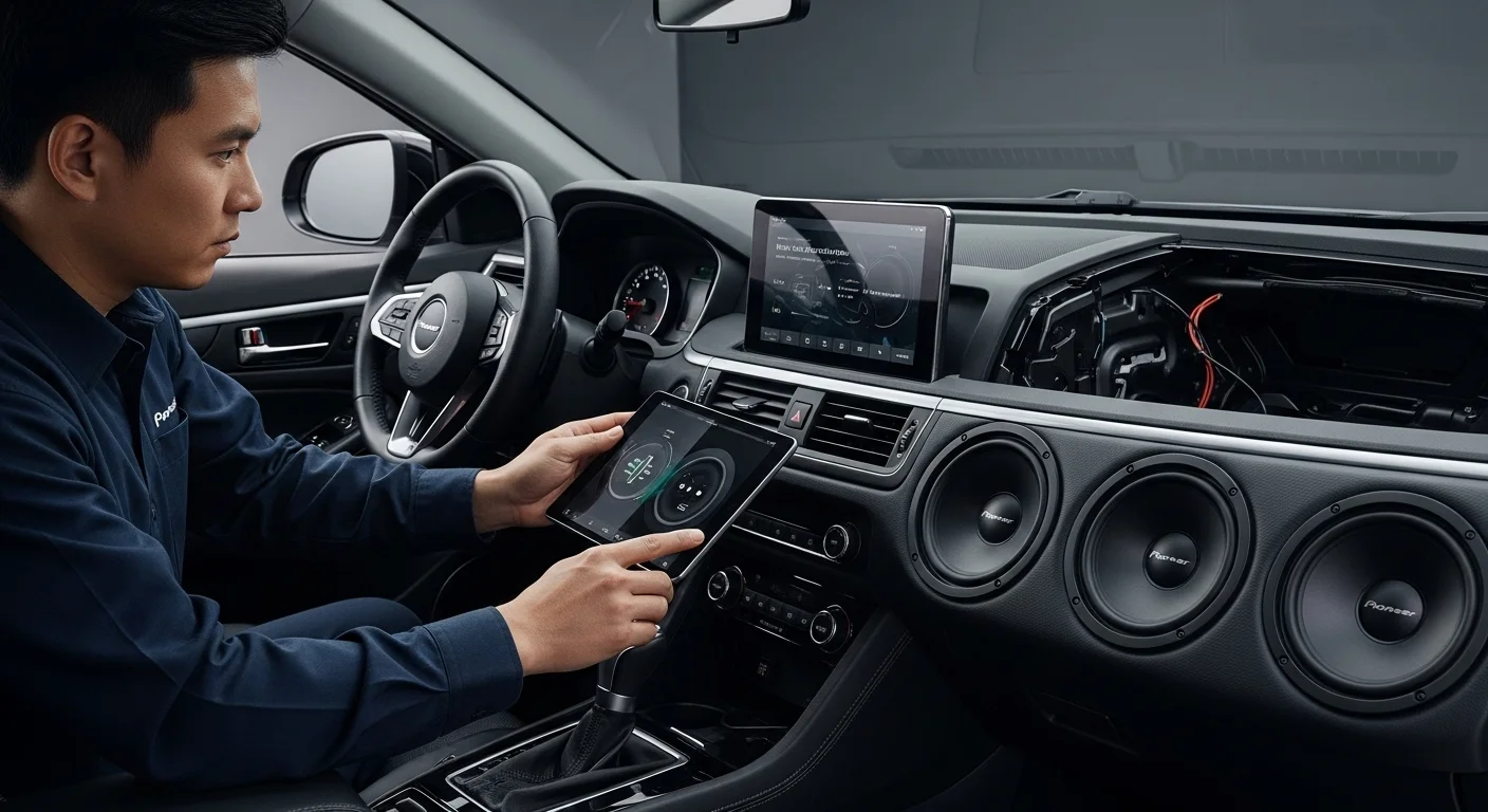 Un instalador profesional ajustando un sistema de audio con bocinas Pioneer en un carro, utilizando una tablet. Esto representa la tecnología y las computadoras en el car audio.