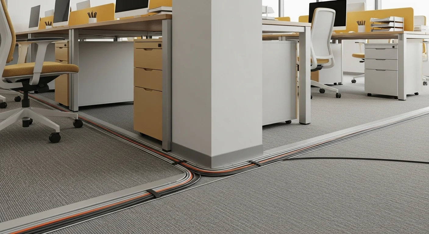 Instalación de un cable canal para piso en una oficina, protegiendo los cables y previniendo tropiezos en una zona de alto tráfico.