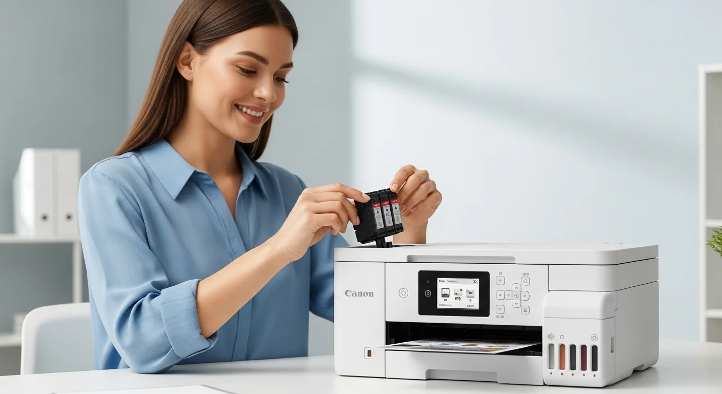 Primer plano de una persona instalando cartuchos de tinta canon en una impresora multifunción PIXMA, un componente clave para los equipos de oficina y el hogar.