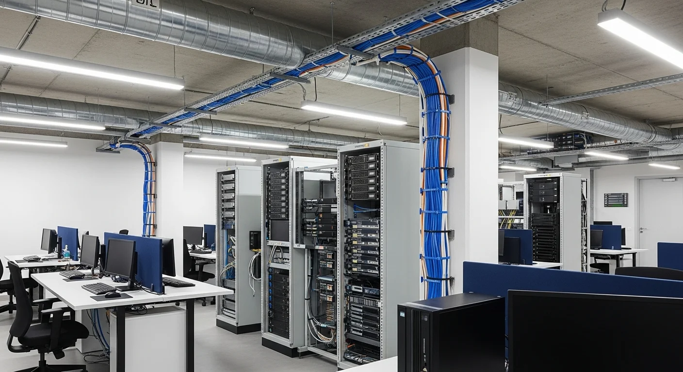 Instalación eléctrica profesional en una oficina moderna, mostrando canaletas y cableado estructurado para alimentar computadoras y servidores.