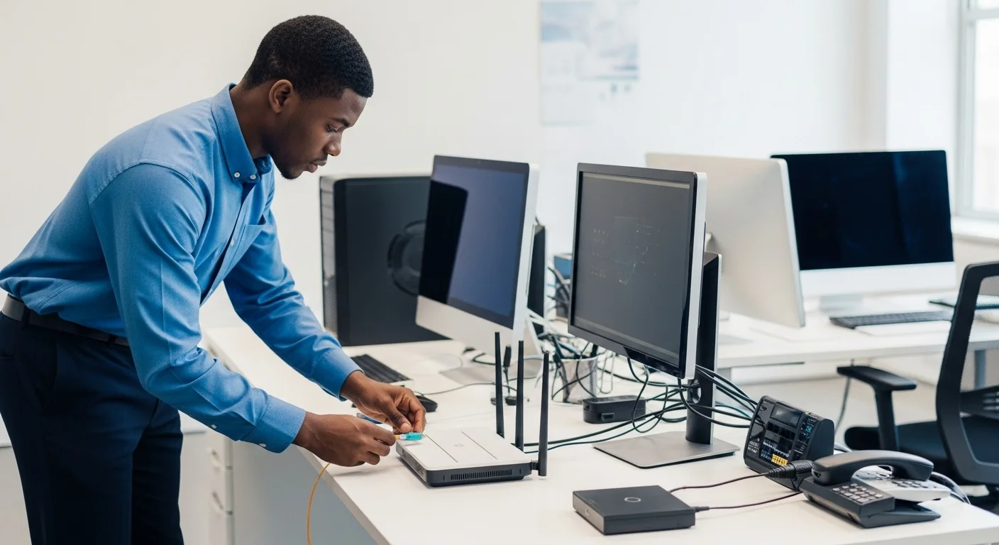 Técnico instalando un cable de fibra óptica en un router dentro de una oficina moderna con varias computadoras y equipos tecnológicos.