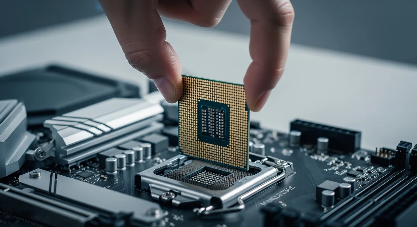 Un primer plano de un procesador de computadora Intel siendo instalado en el zócalo de una tarjeta madre moderna, representando el corazón de las computadoras y la tecnología.