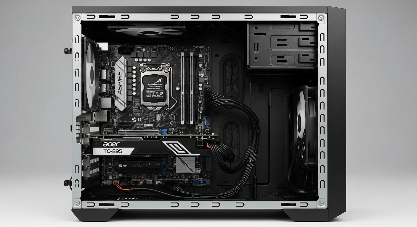 Vista interior de una computadora Acer Aspire TC-895, destacando la placa base, la memoria RAM y las opciones de expansión.