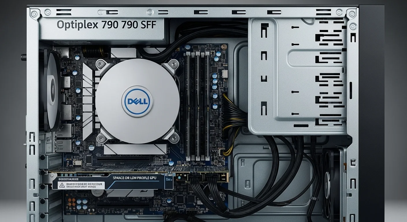 Vista interior de un Dell Optiplex 790 SFF mostrando las ranuras de memoria, el procesador y el espacio para una GPU de perfil bajo.