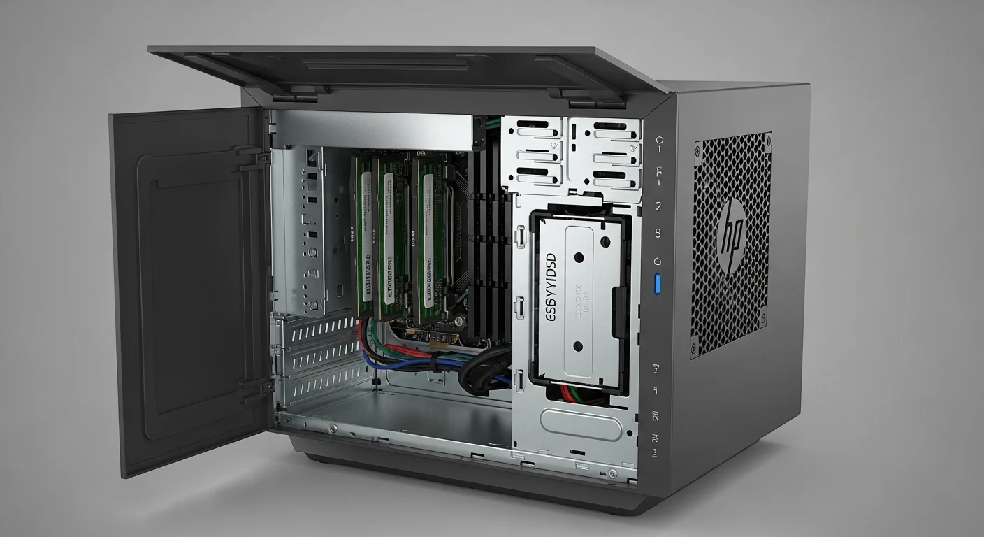 El interior de una computadora HP Prodesk 400 G3 SFF abierto, con énfasis en las ranuras de memoria RAM DDR4 y el espacio para una unidad SSD, simbolizando la facilidad de actualización tecnológica.