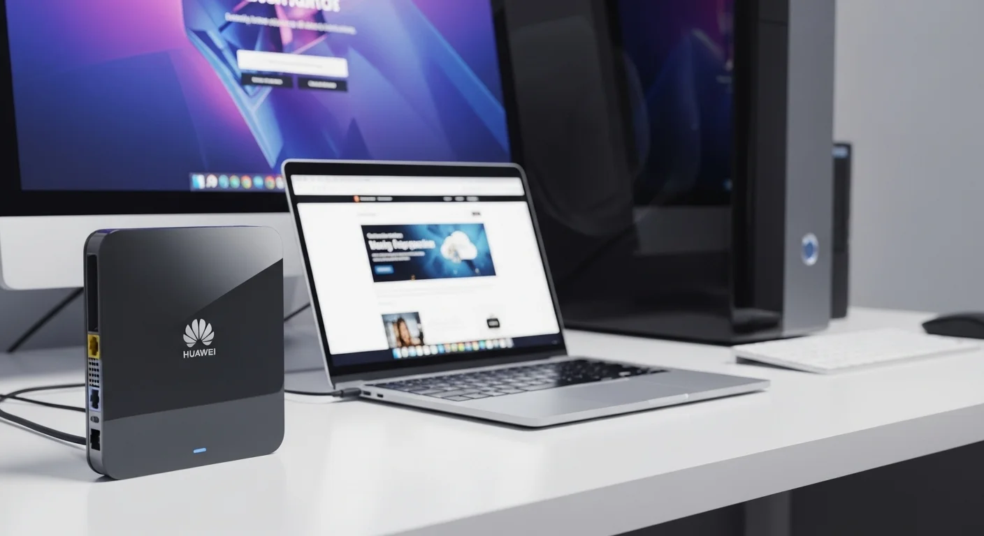 Un modem de internet Huawei junto a una laptop y una computadora, simbolizando la conectividad en el hogar y la oficina.
