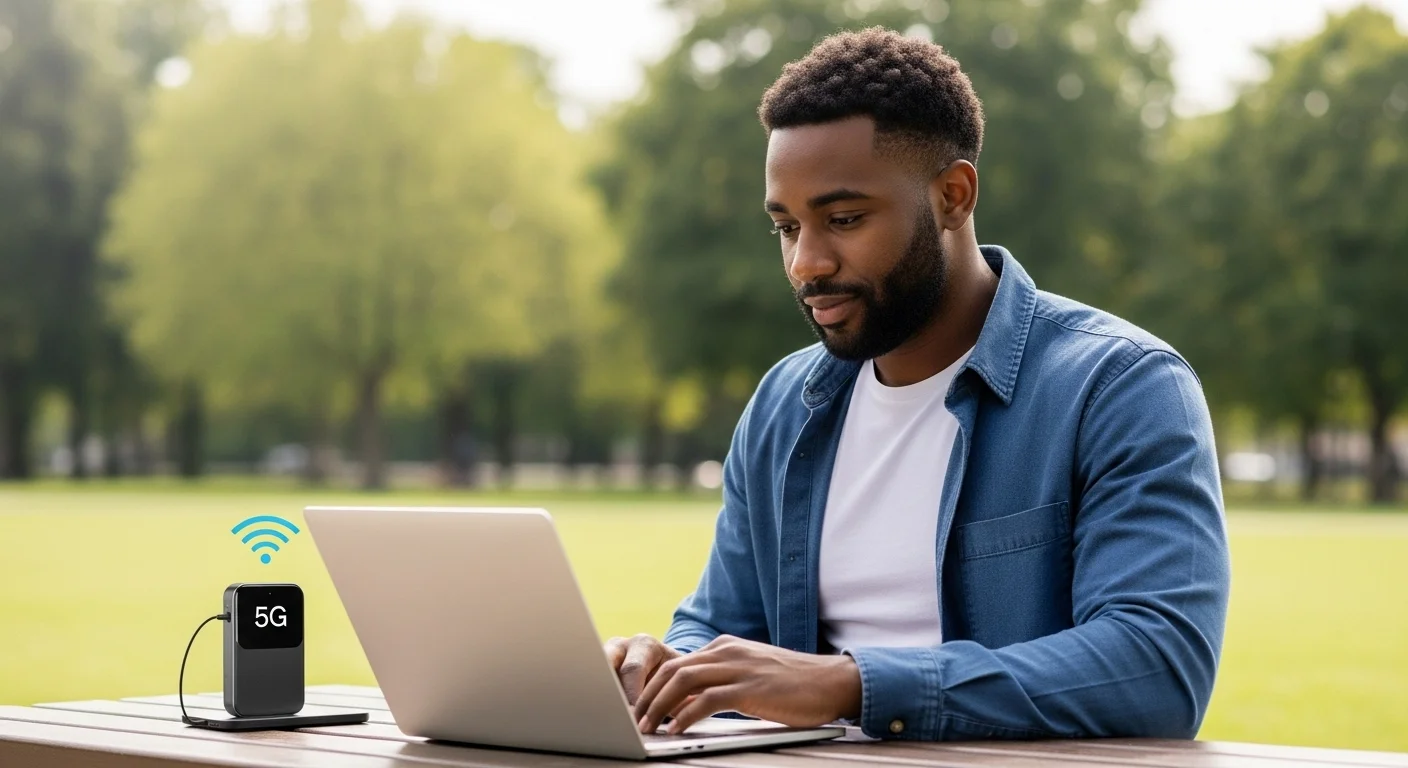 Una persona utilizando una computadora portátil en una ubicación remota conectada a Internet a través de un hotspot móvil 5G, ilustrando la libertad del internet portátil.
