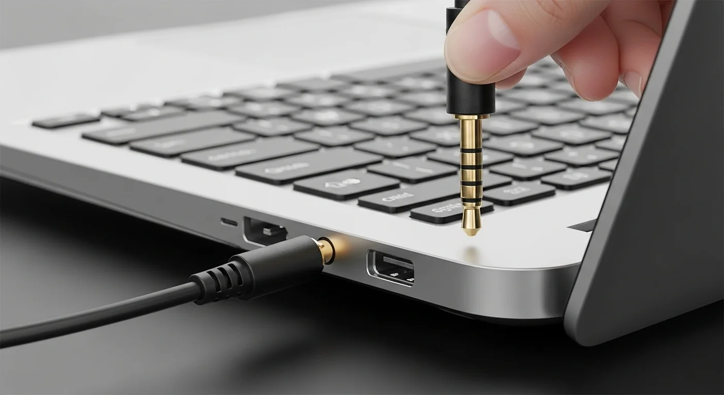 Una imagen detallada de un conector jack 3.5 mm siendo insertado en el puerto auxiliar de una computadora portátil moderna