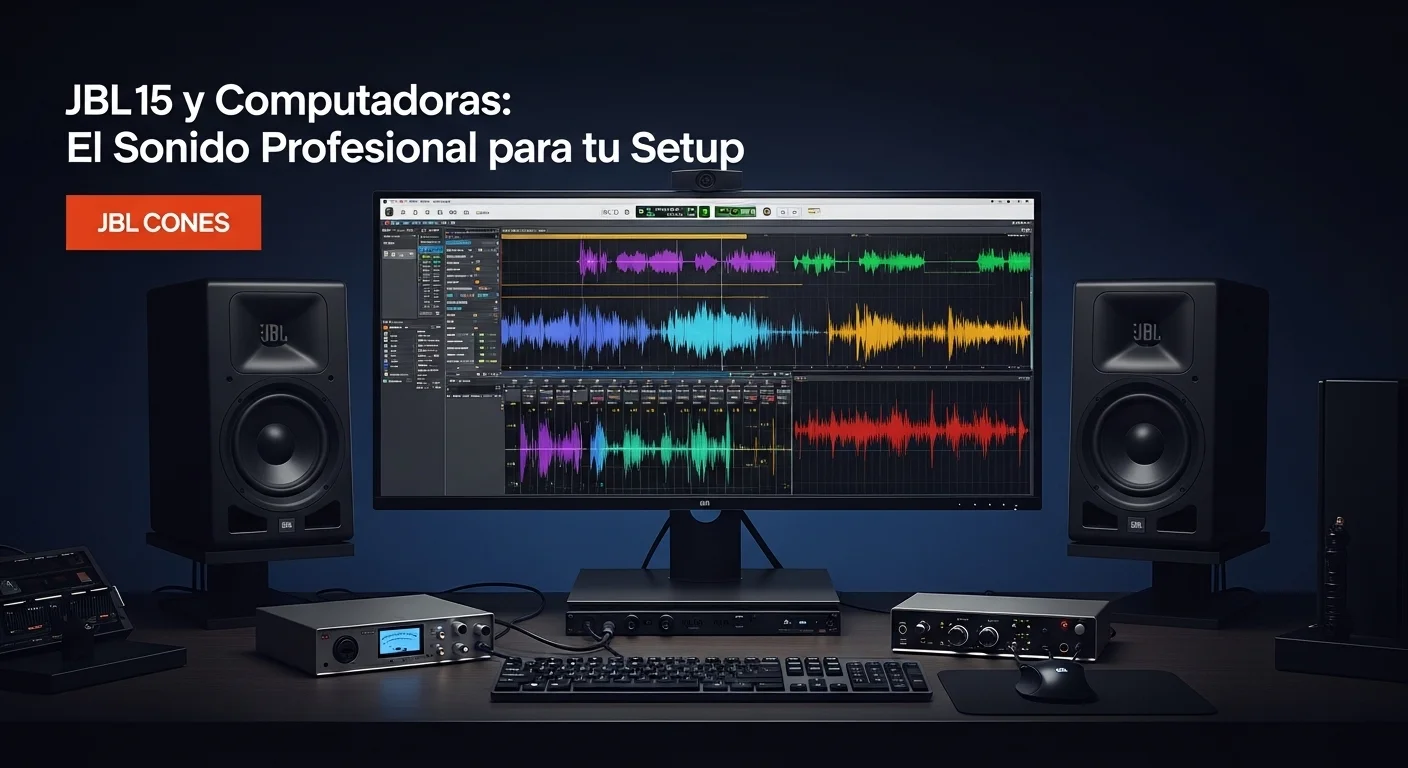 Setup de computadoras de alto rendimiento con dos bocinas JBL 15 pulgadas a los lados de un monitor ultrawide, mostrando una interfaz de audio en el escritorio.