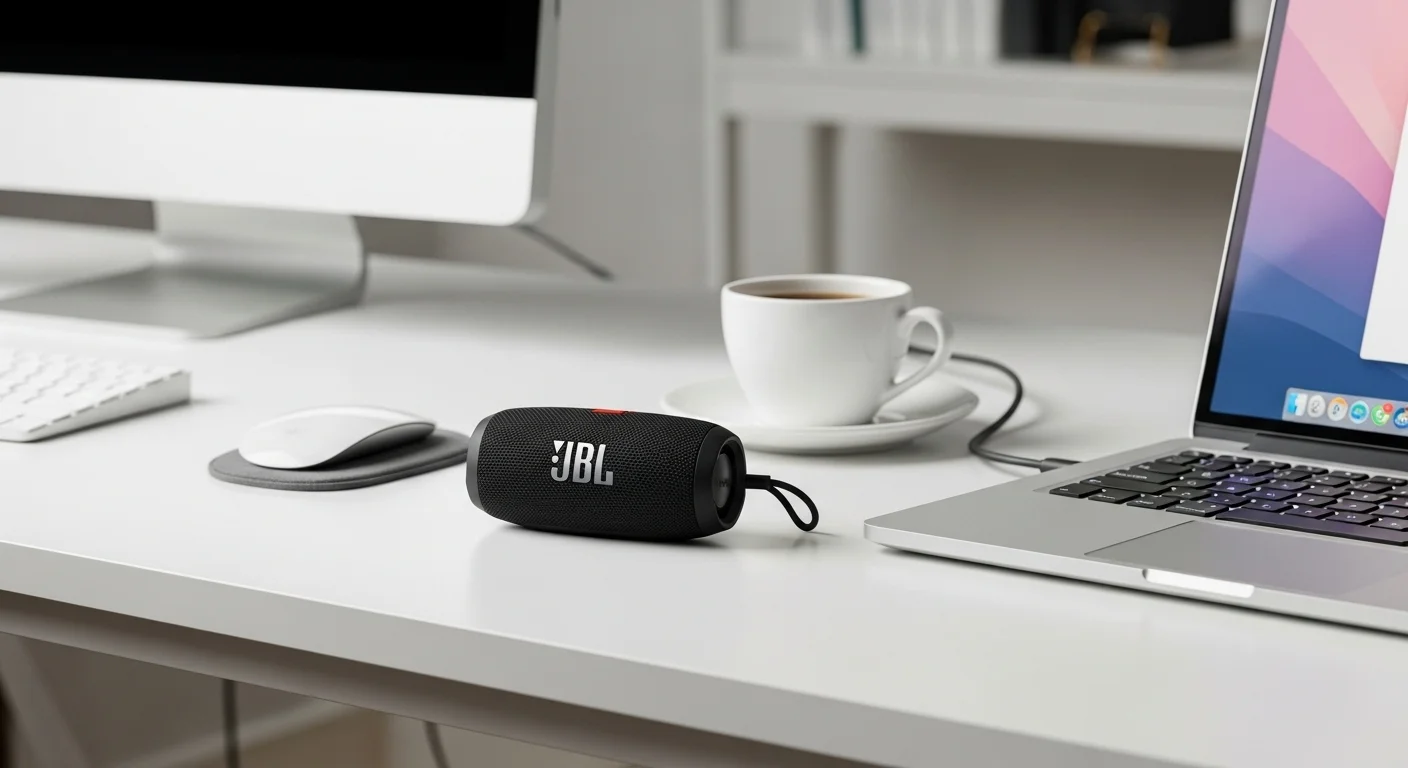 Una bocina JBL Clip 4 de color negro junto a una laptop y una taza de café en un escritorio moderno, mostrando su uso como accesorio para computadoras.