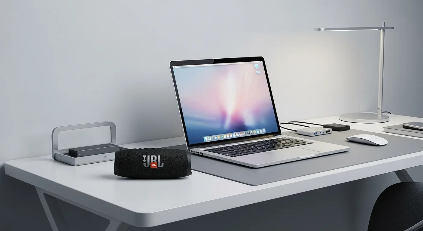 Parlante JBL Flip 6 de color negro sobre un escritorio moderno junto a una laptop y otros accesorios de computadoras, ilustrando la sinergia de audio y tecnología.