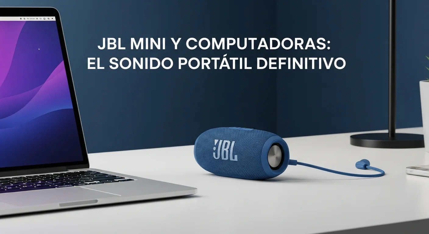 Una bocina Jbl Mini Go 4 de color azul sobre un escritorio moderno junto a una computadora portátil, mostrando su integración en un entorno de trabajo tecnológico.