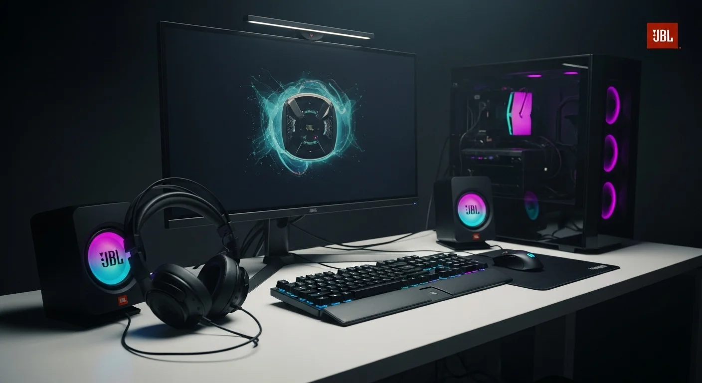 Escritorio moderno con una configuración de computadoras para gaming y trabajo, destacando altavoces y auriculares JBL iluminados con luces RGB.