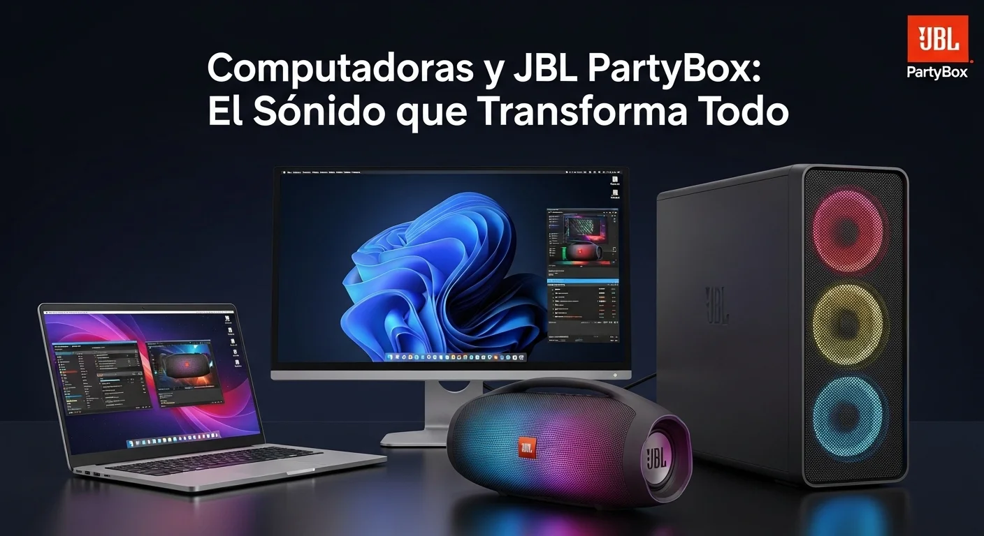 Una bocina JBL Partybox 110 junto a una laptop y una computadora de escritorio mostrando una integración perfecta de tecnología.