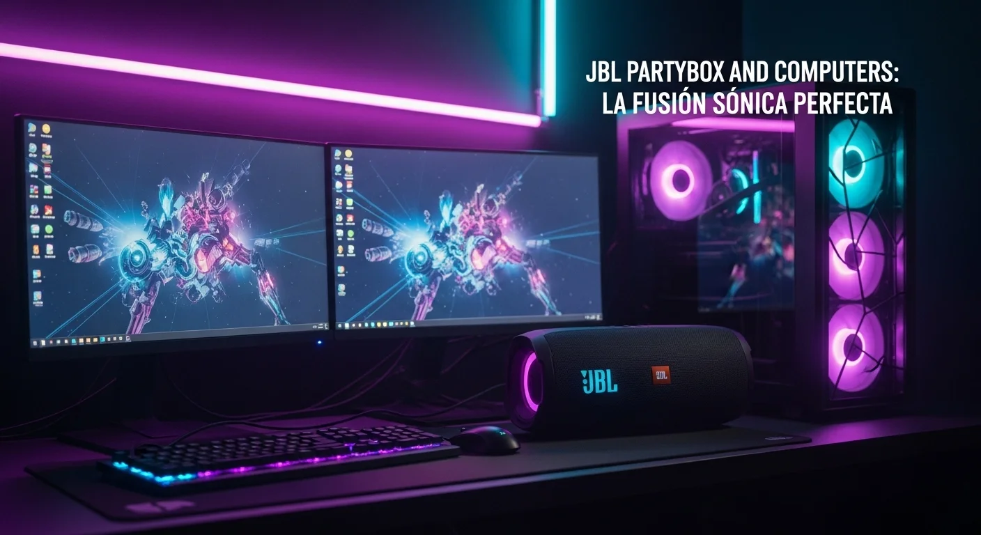 Una bocina JBL PartyBox 310 iluminada junto a un moderno setup de computadoras gamer con múltiples pantallas y luces de neón.