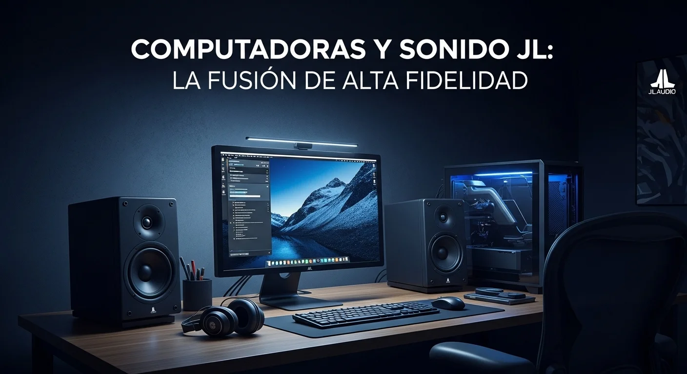 Un moderno escritorio con una configuración de computadora de alta gama y un sistema de bocinas JL Audio perfectamente integrado, mostrando la fusión de tecnología y audio.