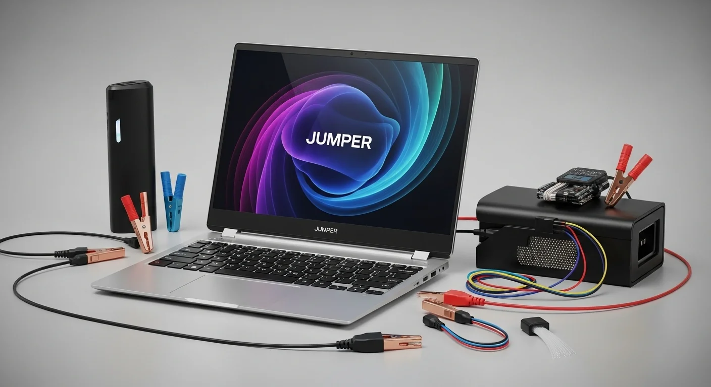 Una composición de imagen que muestra una laptop Jumper, cables jumper de colores para electrónica y un jumper de fibra óptica sobre un fondo tecnológico.