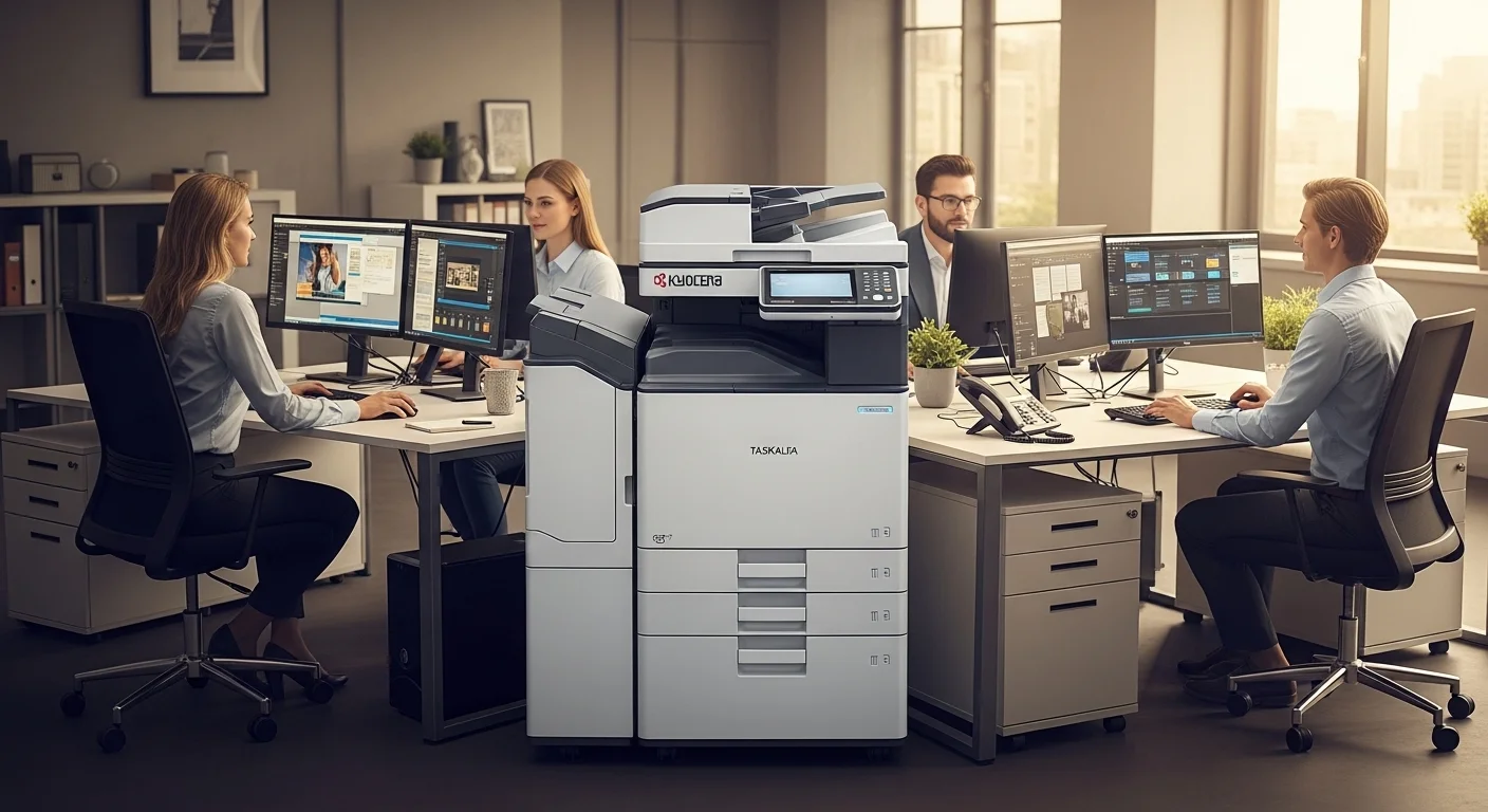 Una moderna oficina con computadoras y una impresora multifuncional Kyocera TASKalfa 4053ci en el centro, simbolizando la integración tecnológica.
