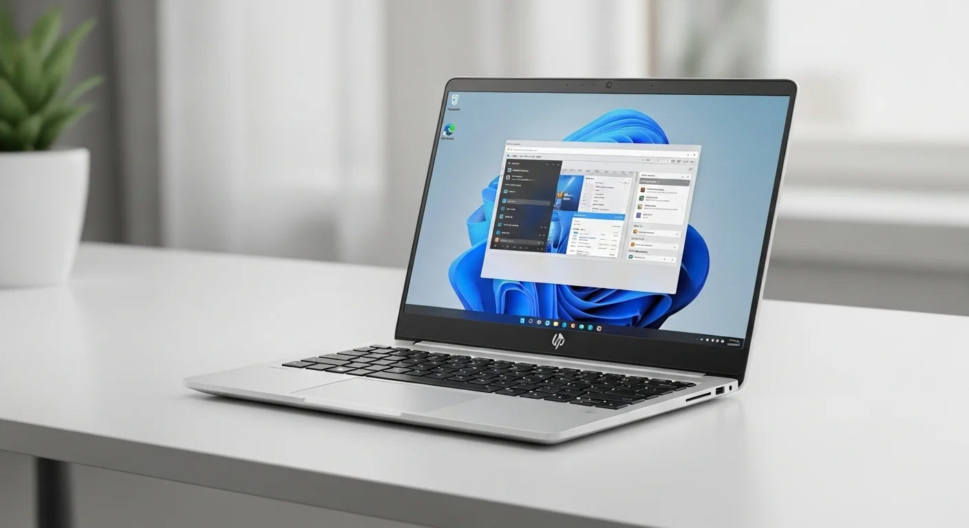 Una laptop 14 pulgadas de la marca HP abierta sobre un escritorio moderno, mostrando el teclado y la pantalla brillante, simbolizando la productividad en el mundo de las computadoras.