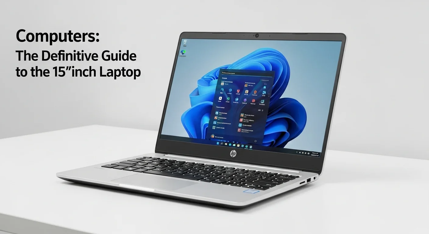 Una laptop 15 de la marca HP abierta sobre un escritorio moderno, mostrando el teclado y la pantalla, simbolizando la guía de computadoras.