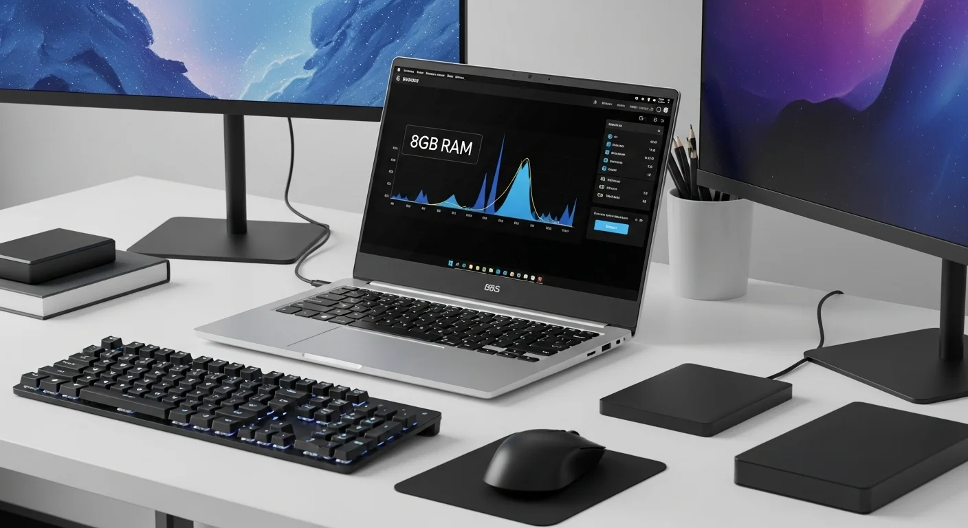 Una laptop de 8GB RAM en un escritorio moderno, mostrando gráficos de rendimiento junto a otras computadoras y accesorios de oficina, simbolizando eficiencia.