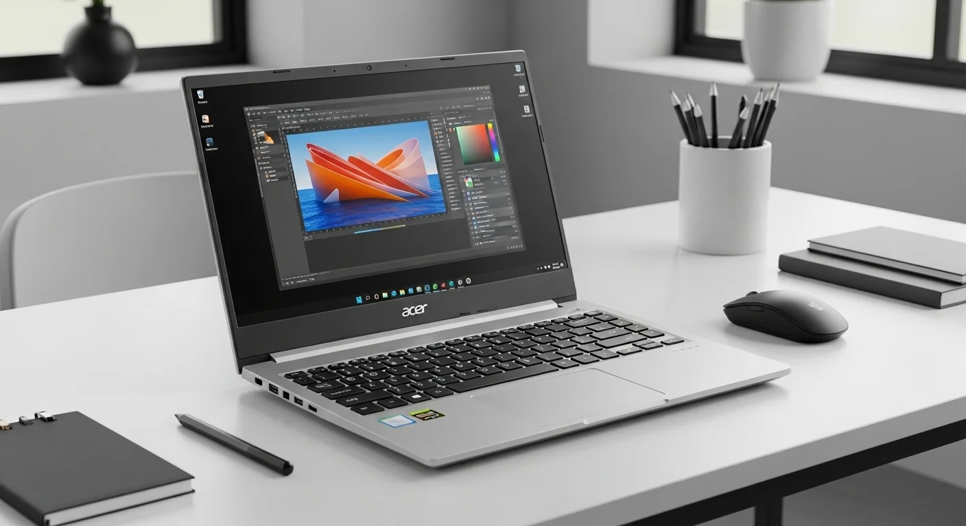 Laptop Acer Aspire 5 con pantalla iluminada mostrando un entorno de trabajo productivo, destacando su diseño moderno y su enfoque en computadoras para la productividad.