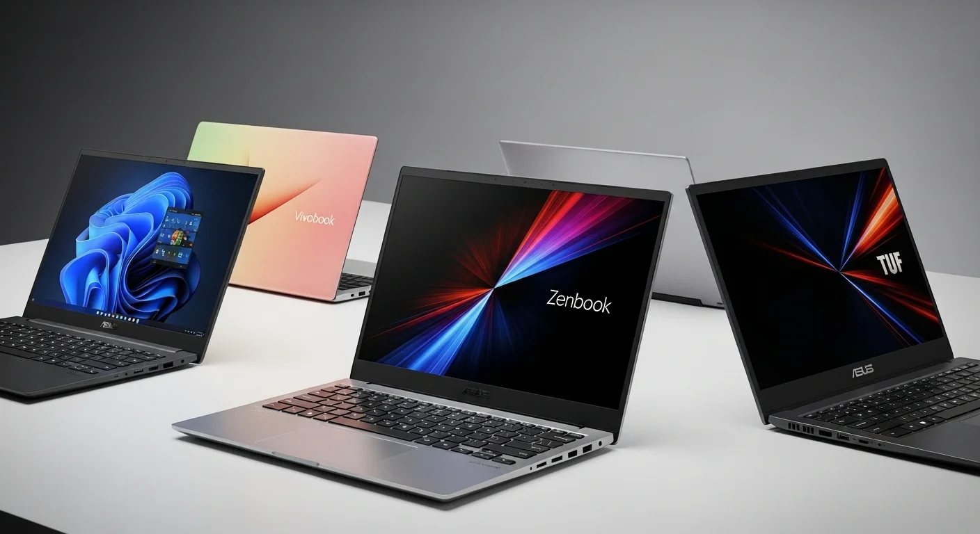 Varias computadoras laptop Asus i5 de diferentes series (Vivobook, Zenbook, TUF) una al lado de la otra, mostrando la diversidad del ecosistema.