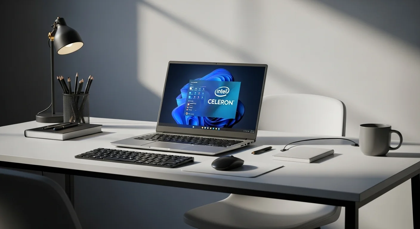 Laptop con procesador Intel Celeron en un escritorio de oficina moderno, representando las computadoras de gama de entrada.