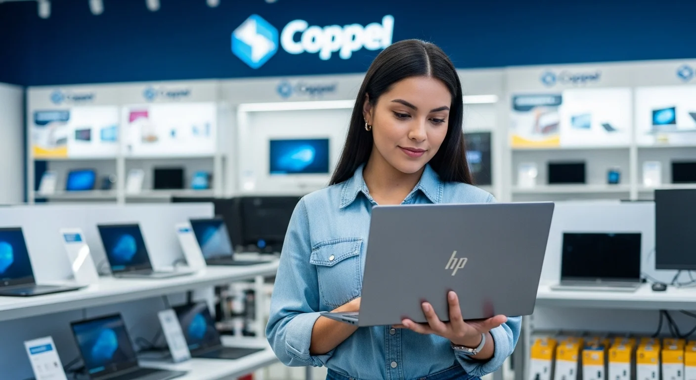 Una persona seleccionando una laptop HP en una tienda Coppel con varias computadoras en exhibición