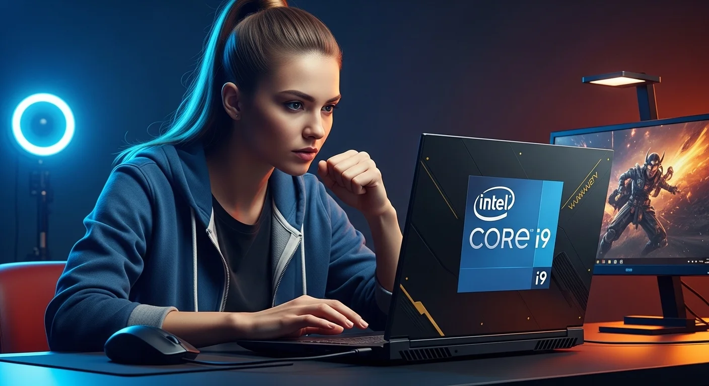 Una persona utilizando una laptop para gaming de alto rendimiento con el logo de Intel Core i9 visible en el chasis.
