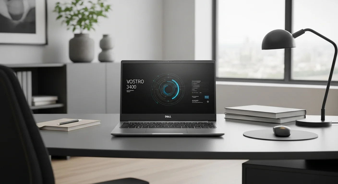 Laptop Dell Vostro 3400 sobre un escritorio de oficina moderno, mostrando su diseño profesional para computadoras de negocios.
