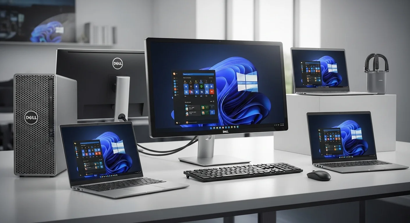Varias computadoras y laptops Dell de las series XPS y Latitude mostrando su diseño y versatilidad en un entorno profesional.