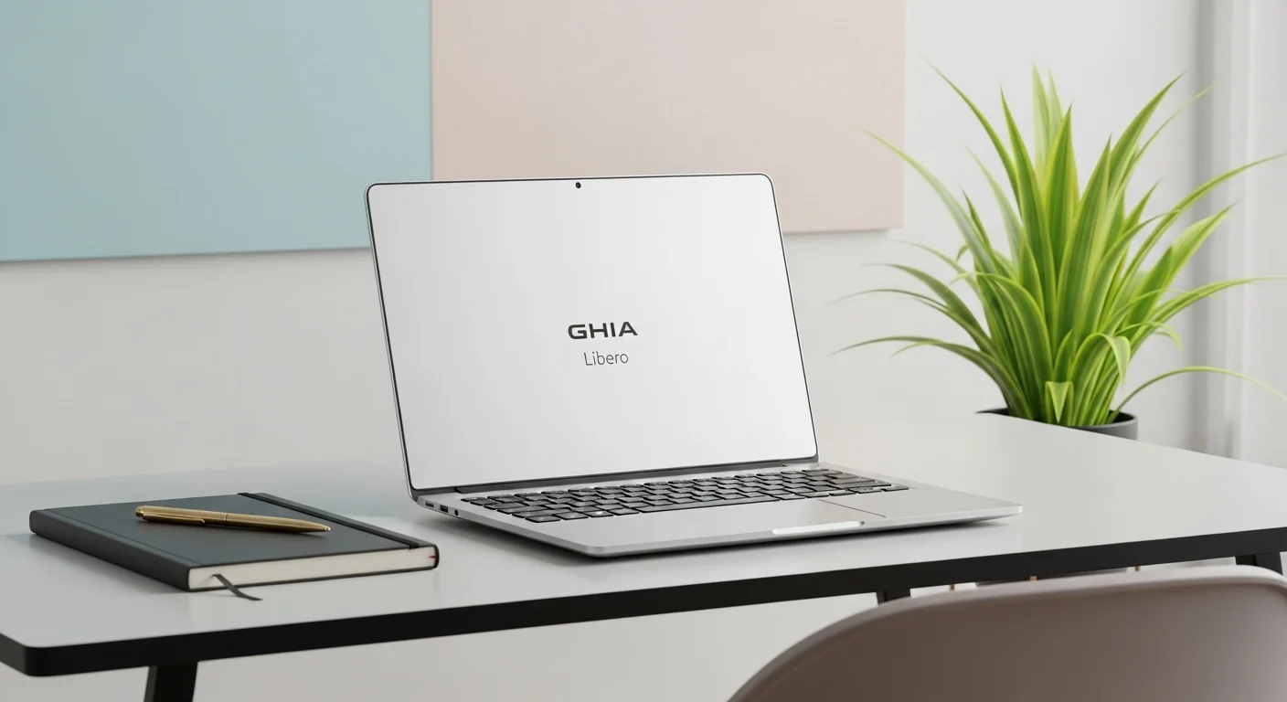Una laptop Ghia Libero sobre un escritorio moderno junto a una libreta y una planta, representando un ambiente de estudio o trabajo con computadoras y tecnología Ghia.