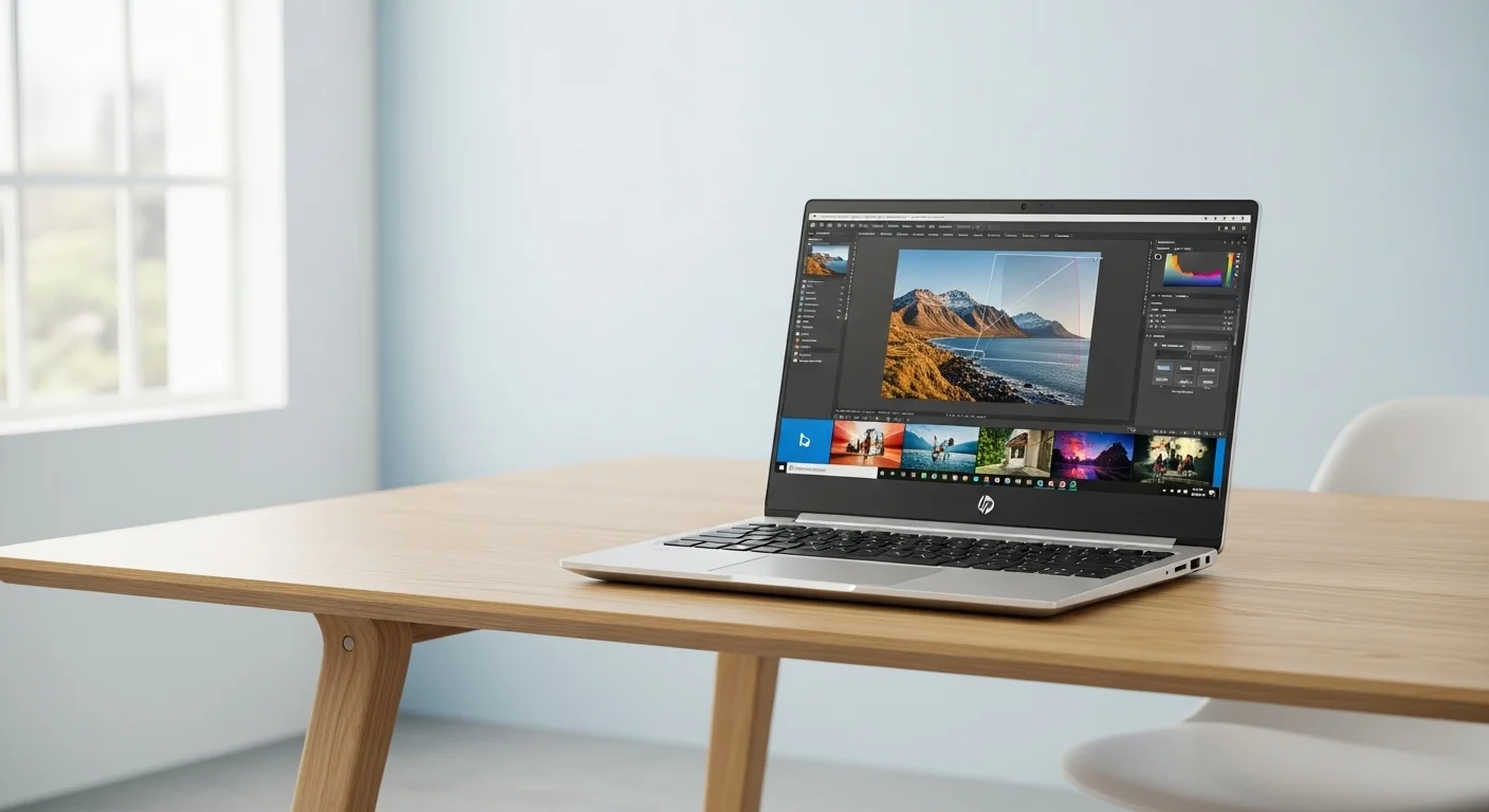 Laptop HP Envy de última generación sobre un escritorio de madera, mostrando su diseño premium y pantalla brillante. Una computadora potente para profesionales.