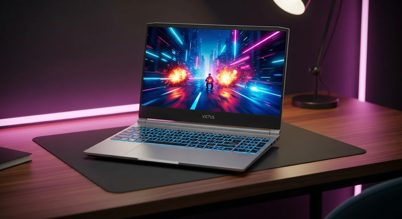 Una computadora laptop HP Victus en un escritorio iluminado con luces de neón, mostrando su teclado retroiluminado y una pantalla con un videojuego.
