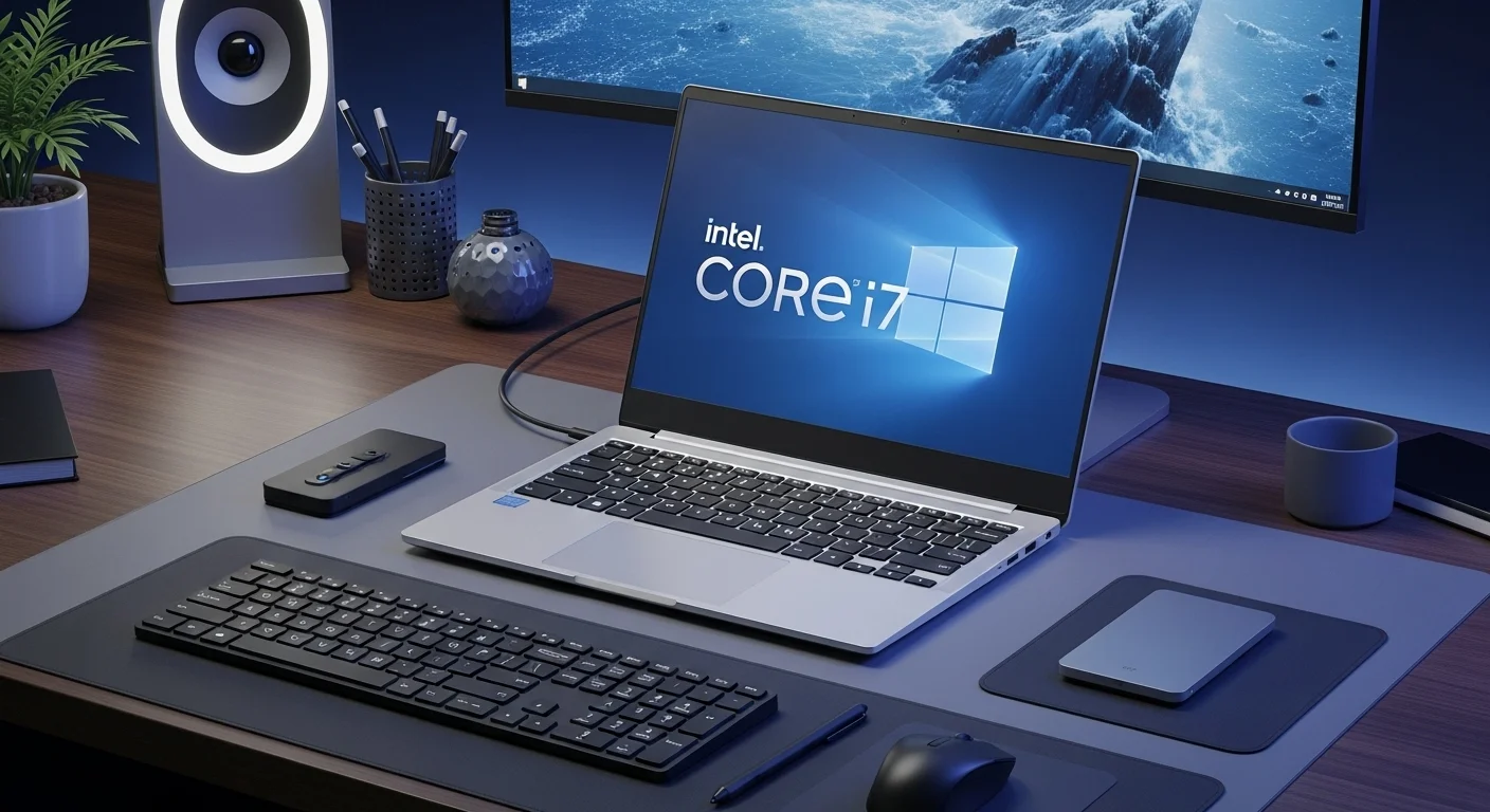 Una laptop Intel moderna con el logo de Intel Core i7 en primer plano, sobre un escritorio tecnológico con accesorios.