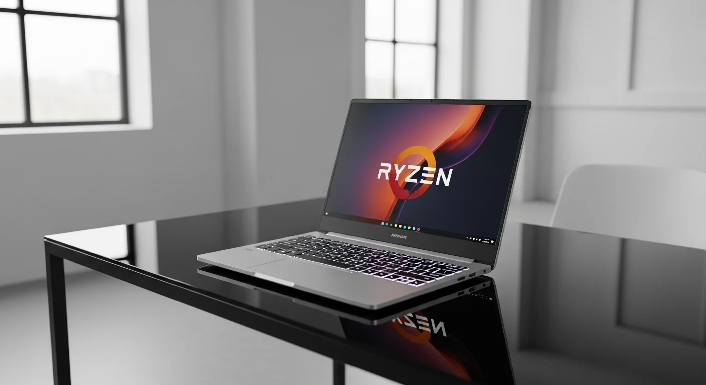Una moderna laptop Ryzen sobre un escritorio de trabajo minimalista, mostrando su diseño elegante y pantalla brillante.