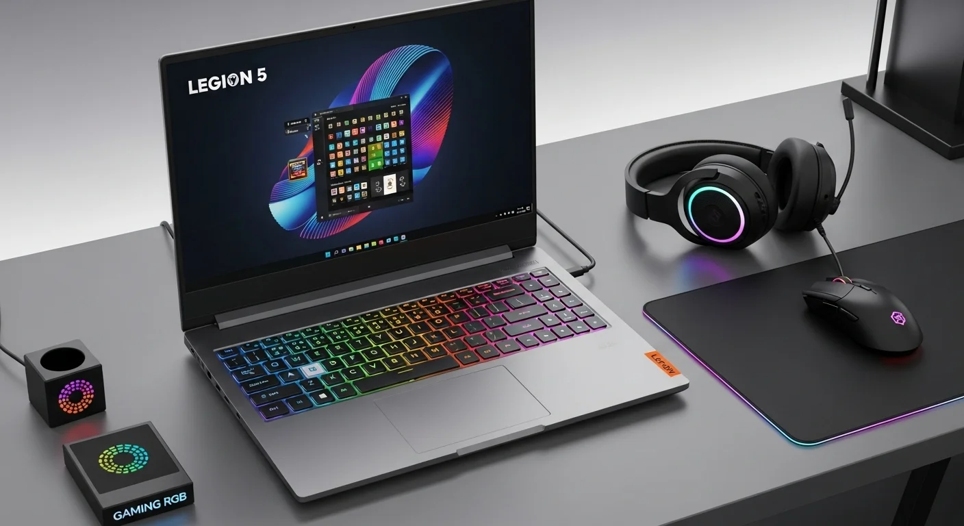 Una computadora portátil Legion 5 Lenov abierta y mostrando su teclado retroiluminado RGB, sobre un escritorio con accesorios de tecnología y gaming.