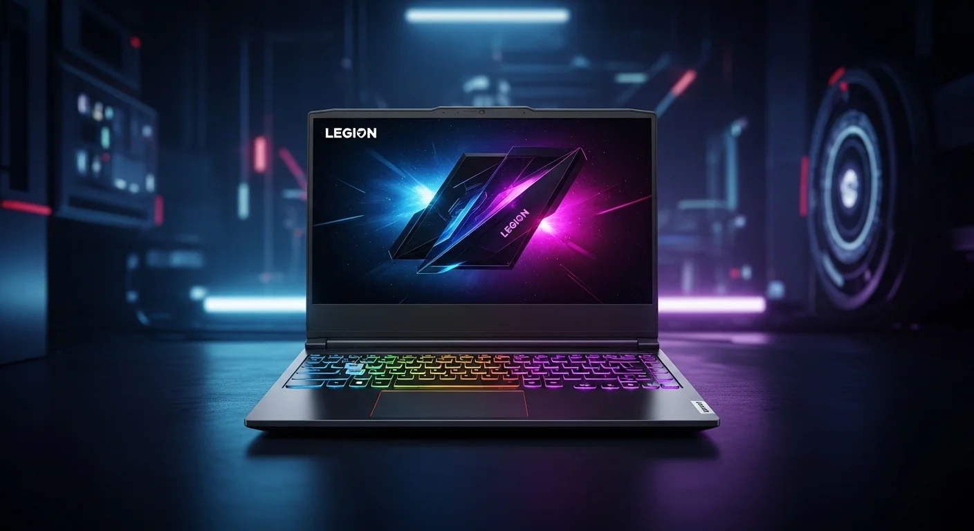 Una computadora portátil Lenovo Legion iluminada con luces RGB, mostrando su teclado y pantalla en un entorno de gaming oscuro y tecnológico.