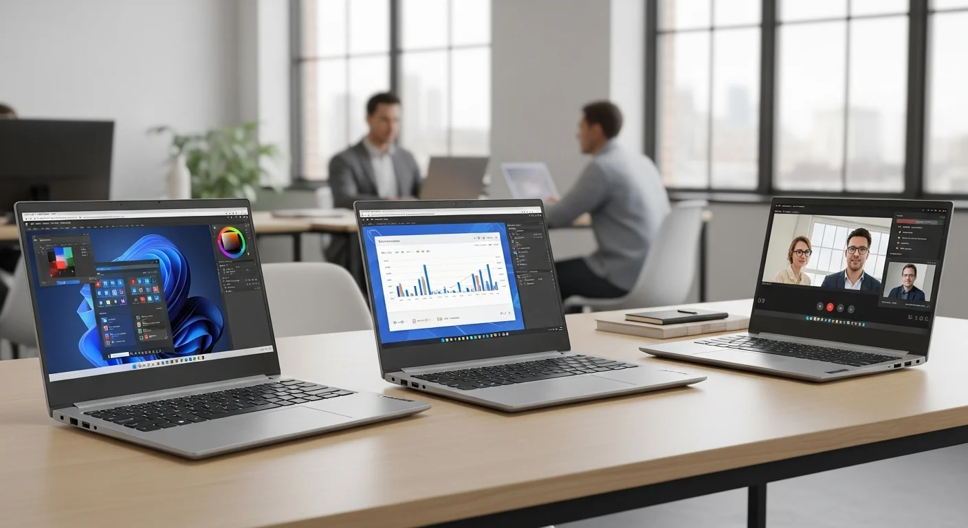 Varias computadoras portátiles de la serie Lenovo 15ast en un entorno de oficina moderno, mostrando su versatilidad.