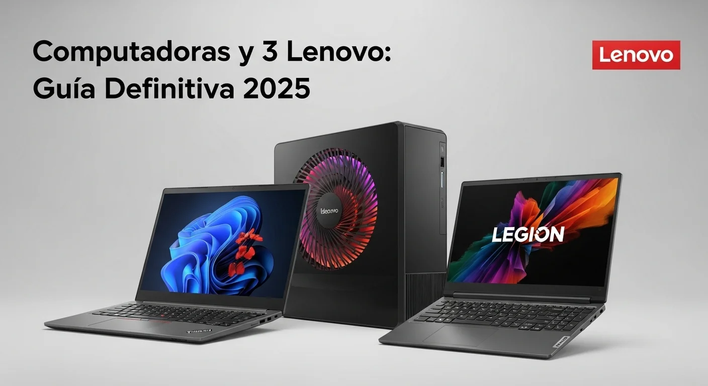 Una composición de computadoras de la serie 3 de Lenovo, mostrando un portátil ThinkPad, un equipo de escritorio IdeaCentre y un portátil Legion.