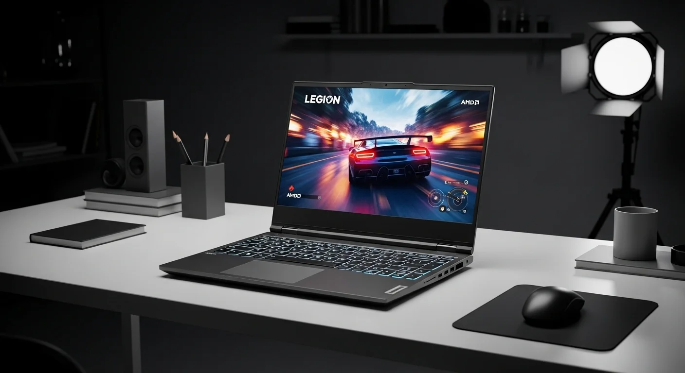 Una laptop Lenovo AMD de la serie Legion abierta sobre un escritorio, mostrando su pantalla iluminada con un juego y el teclado retroiluminado en un ambiente de tecnología moderna.