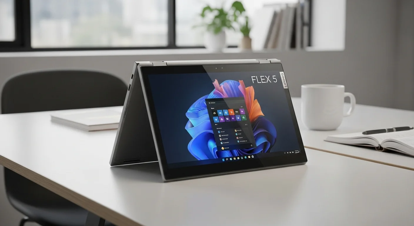 Una computadora portátil Lenovo Flex 5 en modo atril sobre una mesa de oficina, mostrando su pantalla táctil y versatilidad.