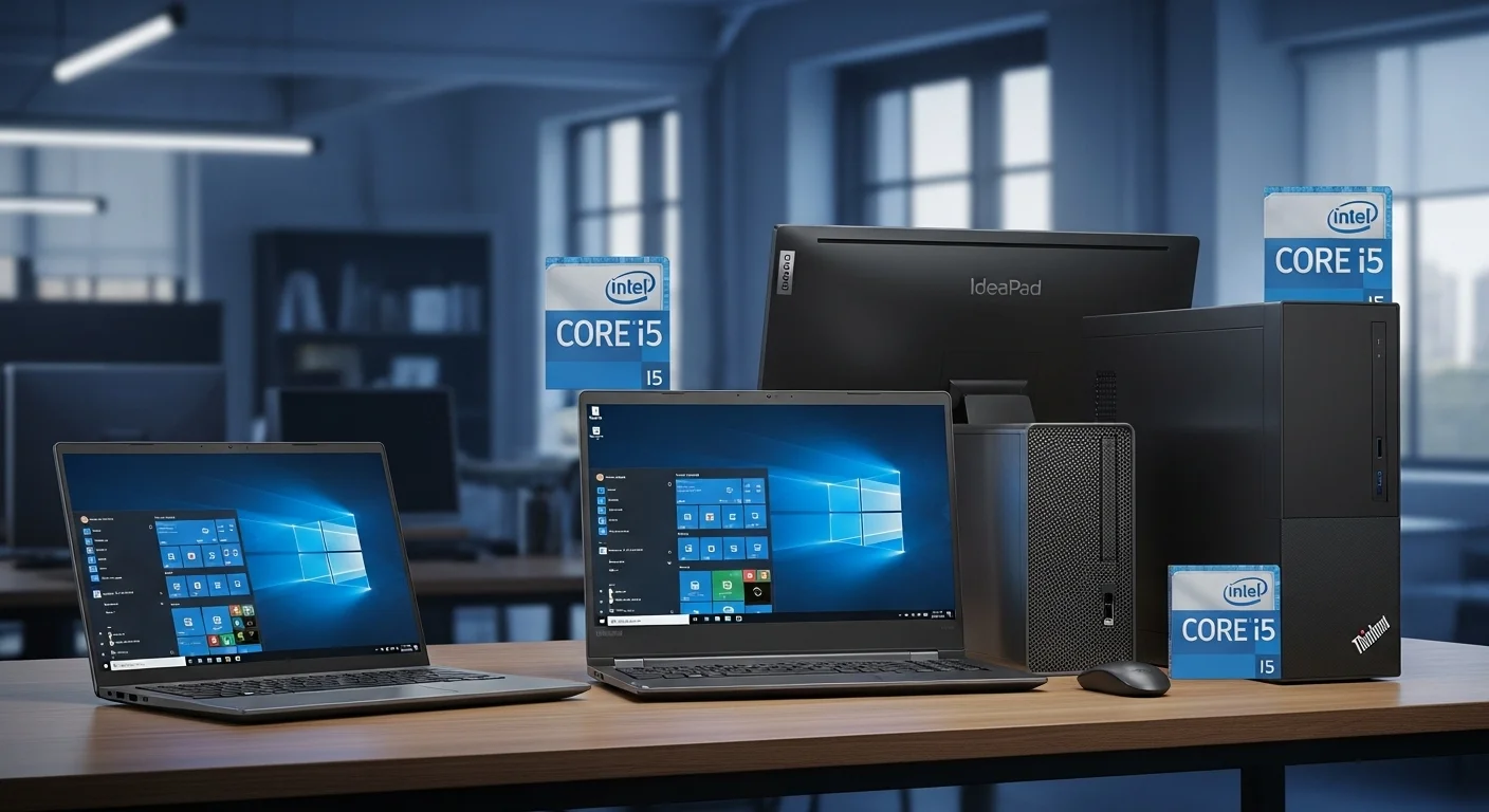 Varias computadoras Lenovo con procesador Intel Core i5, incluyendo una laptop IdeaPad y un PC de escritorio ThinkCentre, en un entorno de oficina moderno.
