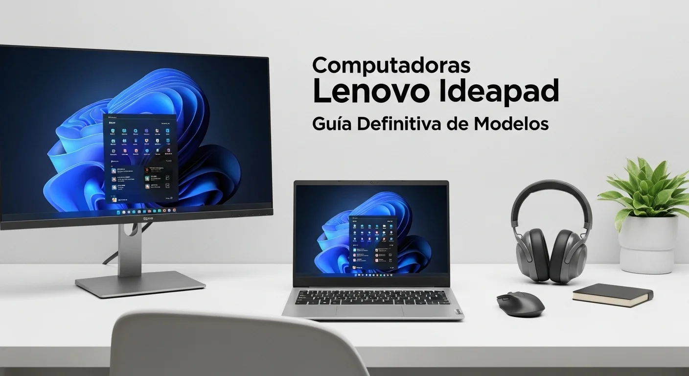 Una computadora portátil Lenovo Ideapad en un escritorio moderno, rodeada de accesorios tecnológicos como un monitor externo, un ratón inalámbrico y auriculares, representando un ecosistema de oficina en casa.